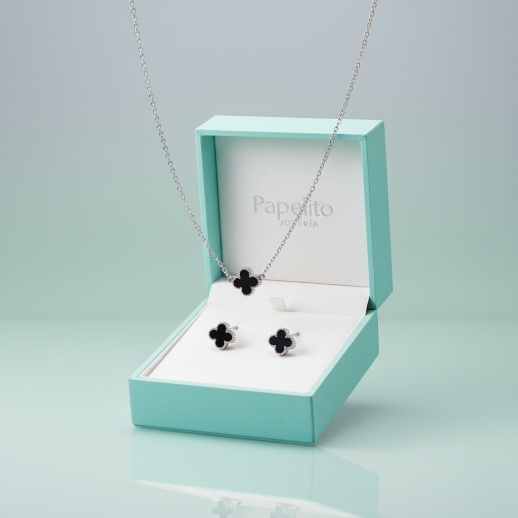 Conjunto de Joyería Trébol Negro 100% Acero Inoxidable Color Plata