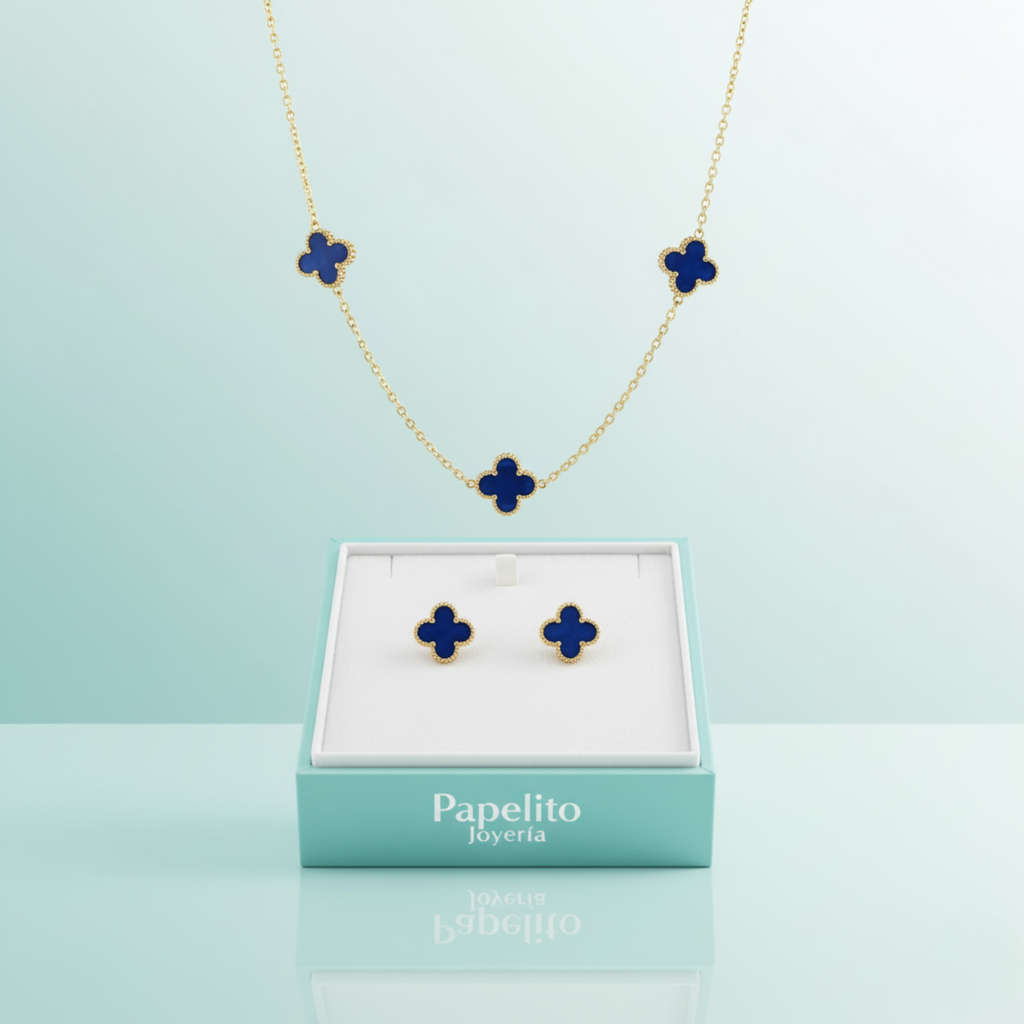 Conjunto Completo de Acero Chapado en Oro 18K con Tréboles Azules: Collar, Pendientes, Pulsera y Anillo Ajustable