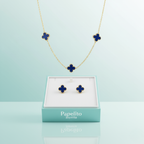 Conjunto Completo de Acero Chapado en Oro 18K con Tréboles Azules: Collar, Pendientes, Pulsera y Anillo Ajustable