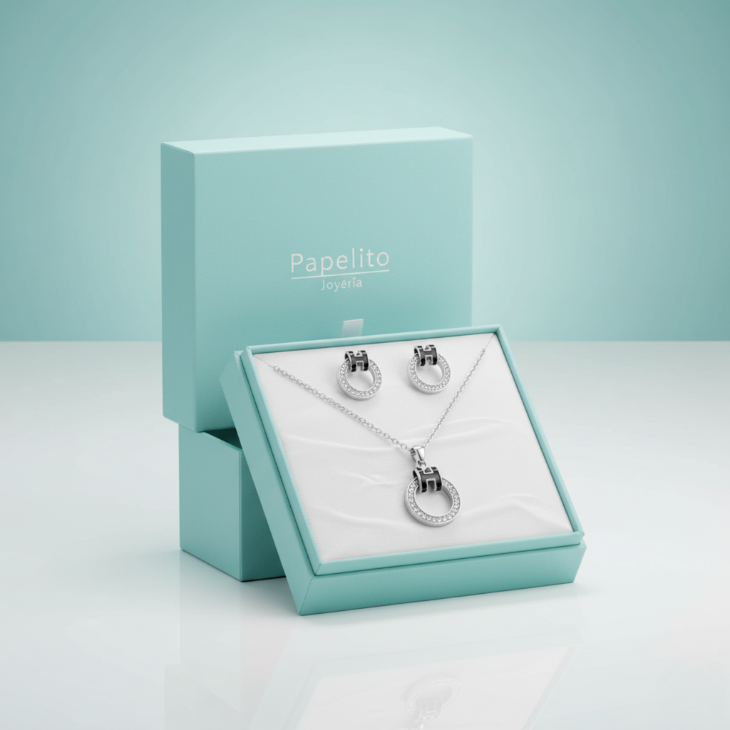 Conjunto Collar y Pendientes de Anillos con Circonitas - 100% Acero Bañado en Rodio