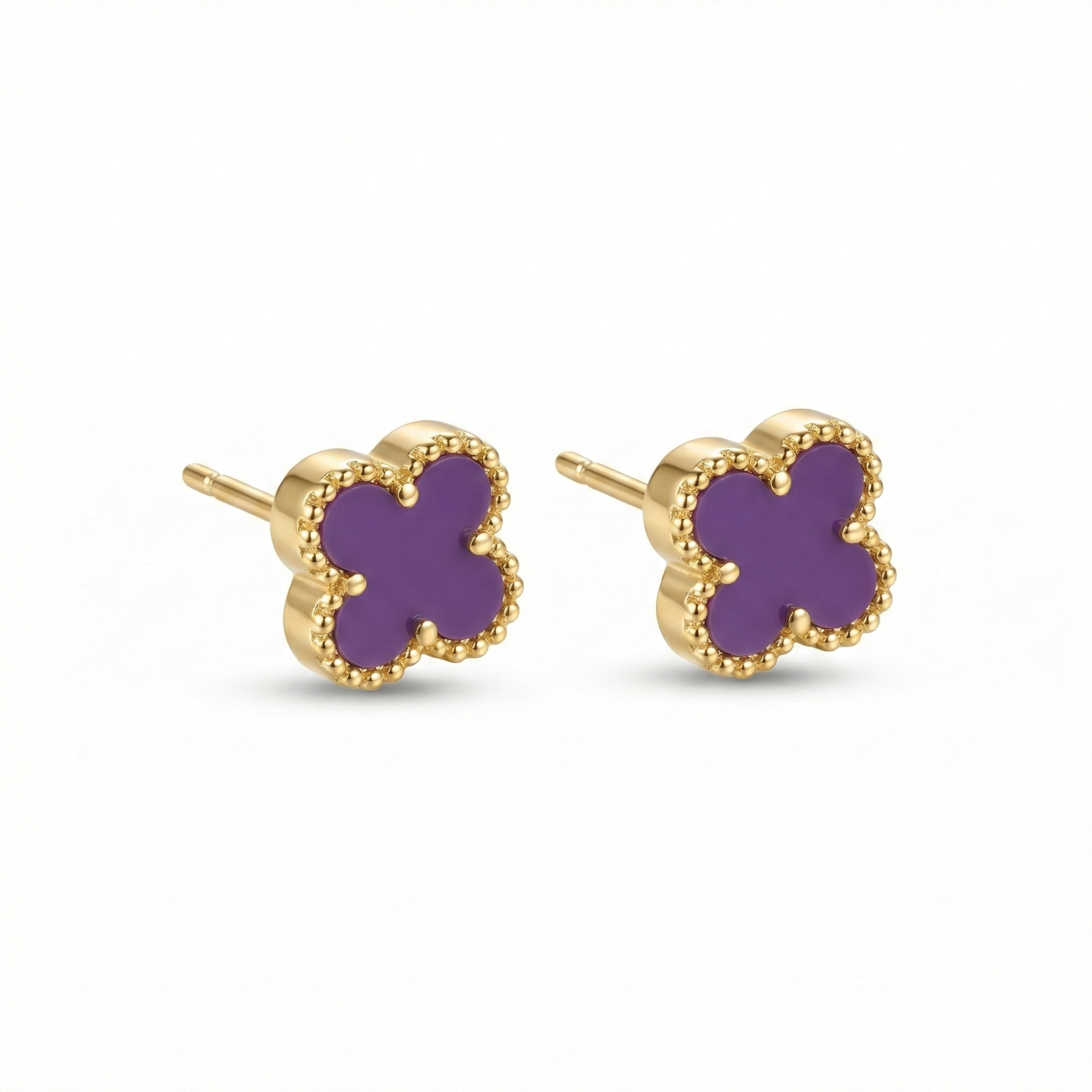 Pendientes de Acero Chapado en Oro de 18K 100% con Tréboles Morados