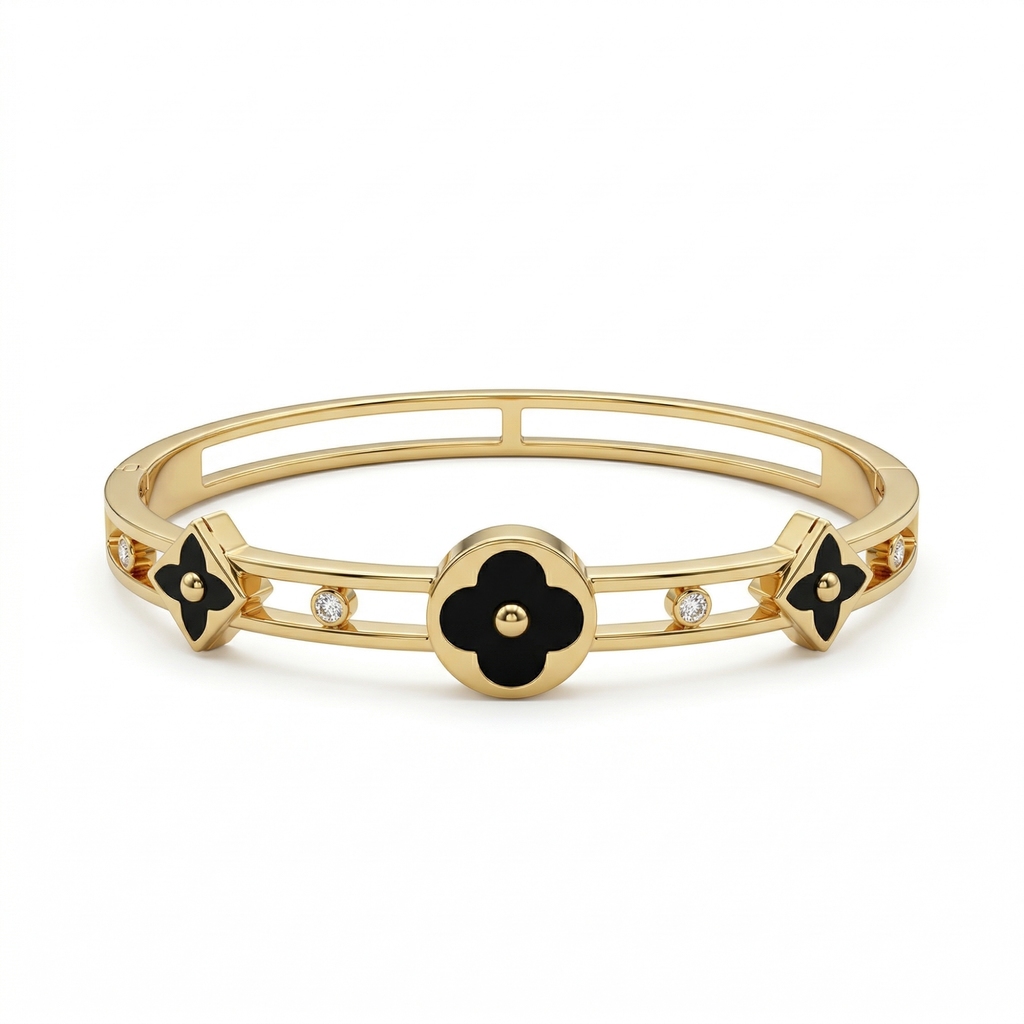 Pulsera Rígida con Flores Esmaltadas y Detalles Calados - 100% Acero Bañado en Oro 18K