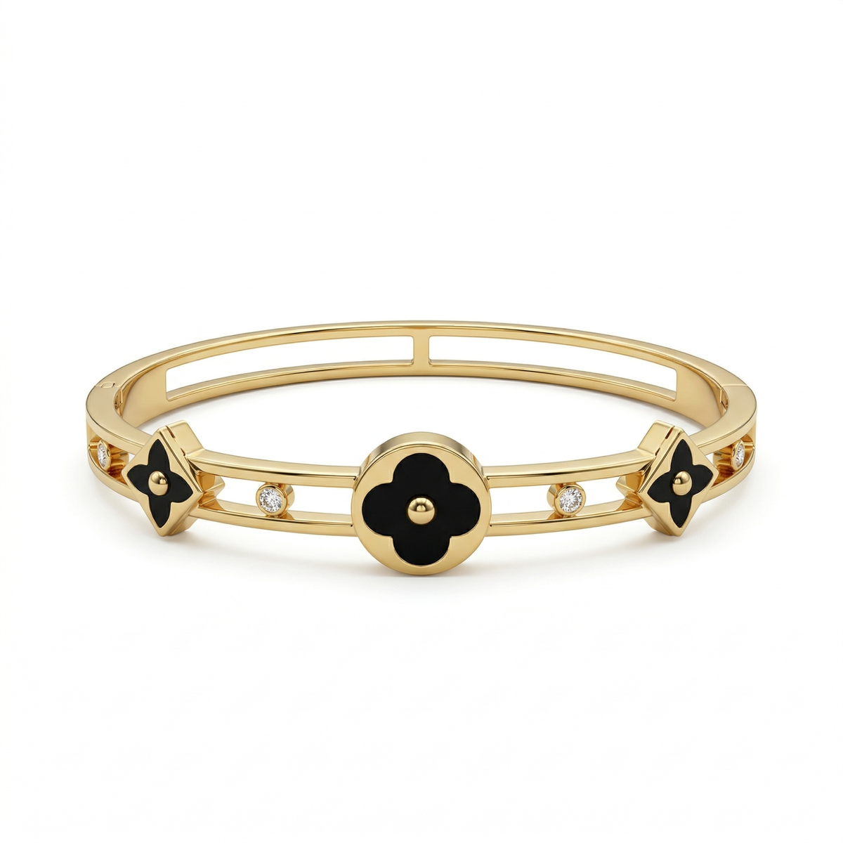 Pulsera Rígida con Flores Esmaltadas y Detalles Calados - 100% Acero Bañado en Oro 18K