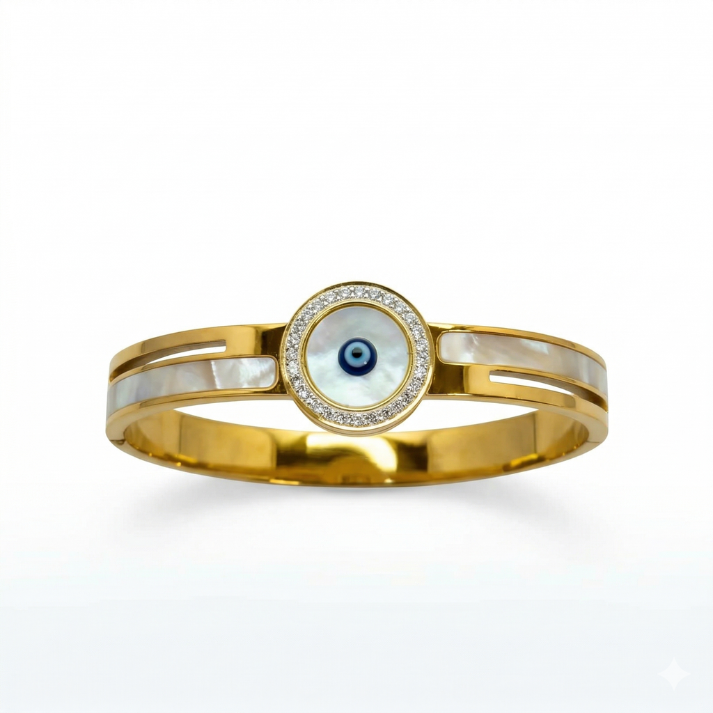 Pulsera Rígida con Ojo Turco y Nácar - 100% Acero Bañado en Oro 18K