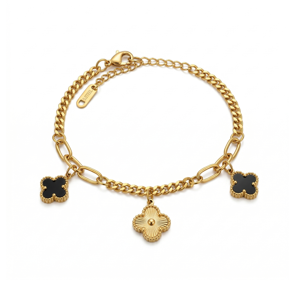 Pulsera de Eslabones Mixtos con Colgantes de Trébol y Flor - Acero Inoxidable Bañado en Oro
