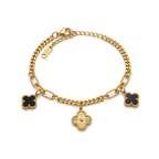 Pulsera de Eslabones Mixtos con Colgantes de Trébol y Flor - Acero Inoxidable Bañado en Oro