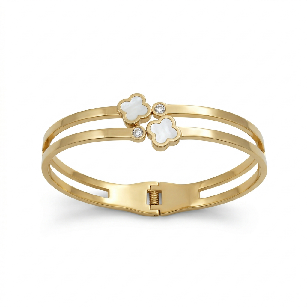 Pulsera Rígida Doble Banda con Tréboles de Nácar y Circonitas - 100% Acero Bañado en Oro 18K