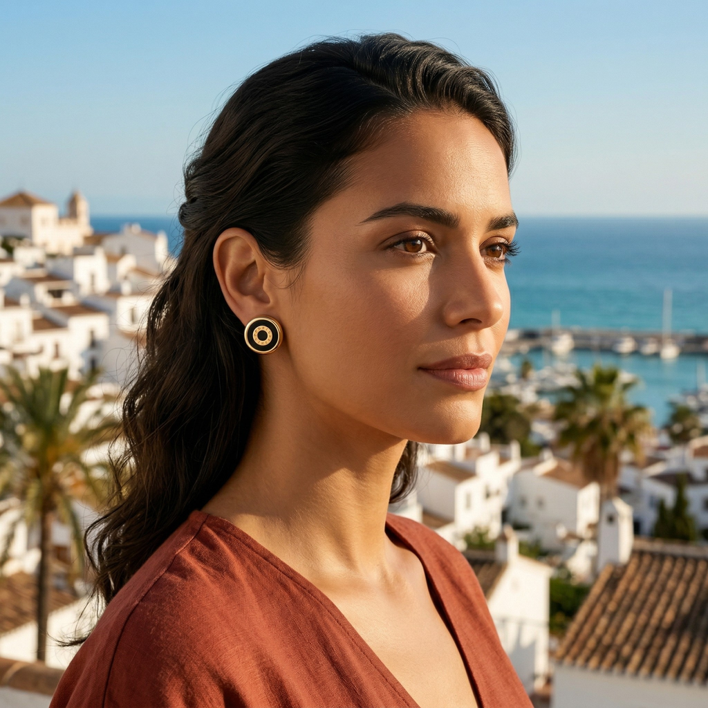Pendientes Círculos Concéntricos Negros y Dorados 100% Acero Bañado en Oro 18K