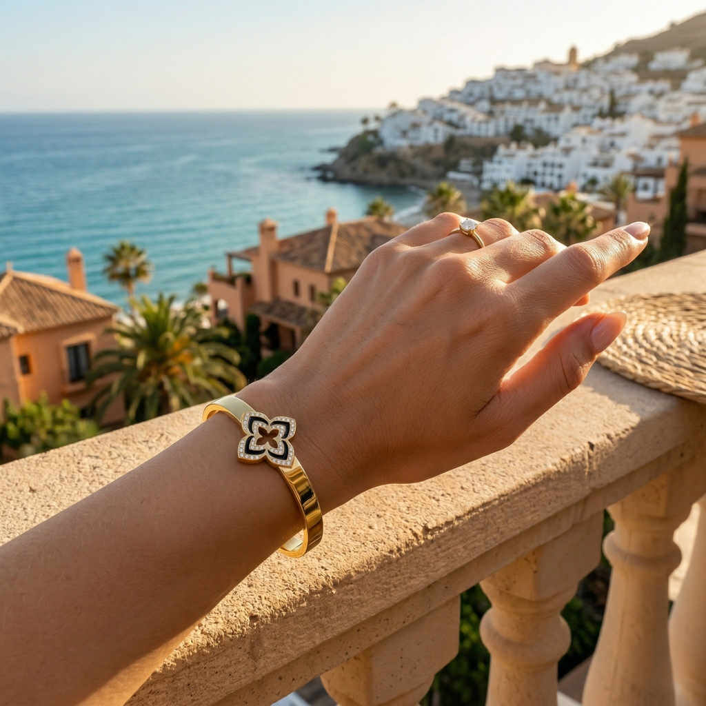 Pulsera Rígida con Flor de Cuatro Pétalos Esmaltada y Circonitas - 100% Acero Bañado en Oro 18K