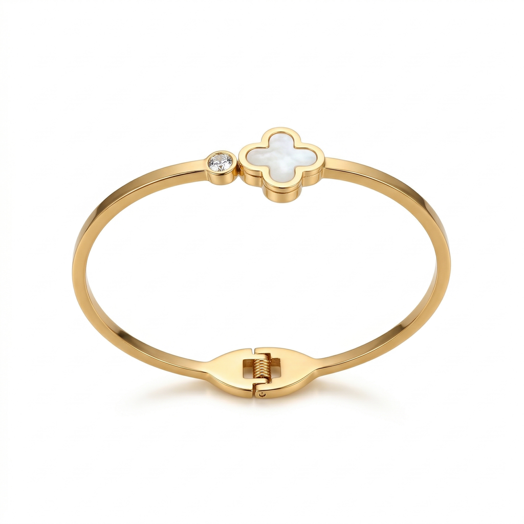 Pulsera Rígida con Trébol de Nácar Blanco y Gema 100% Acero Bañado en Oro 18K