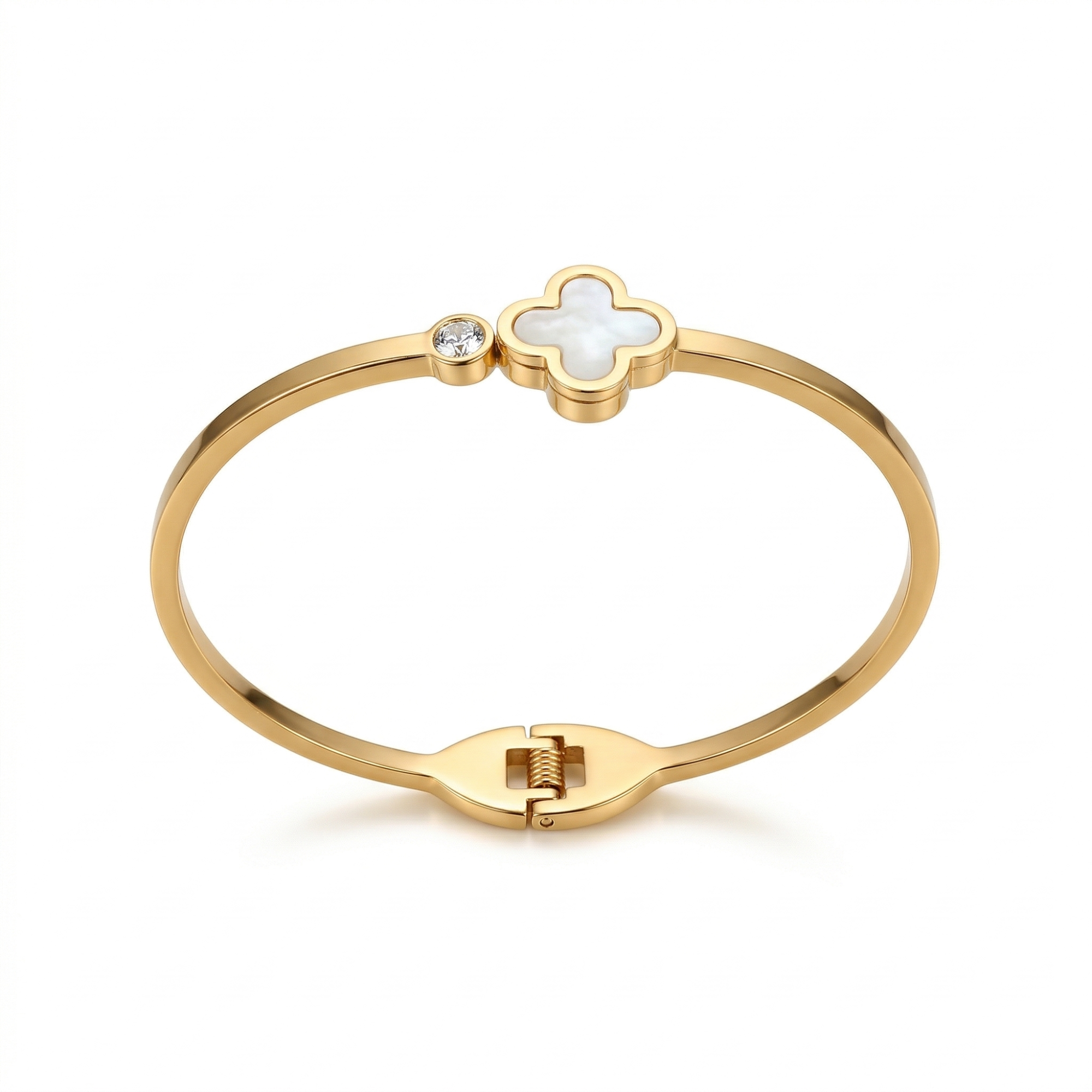 Pulsera Rígida con Trébol de Nácar Blanco y Gema 100% Acero Bañado en Oro 18K