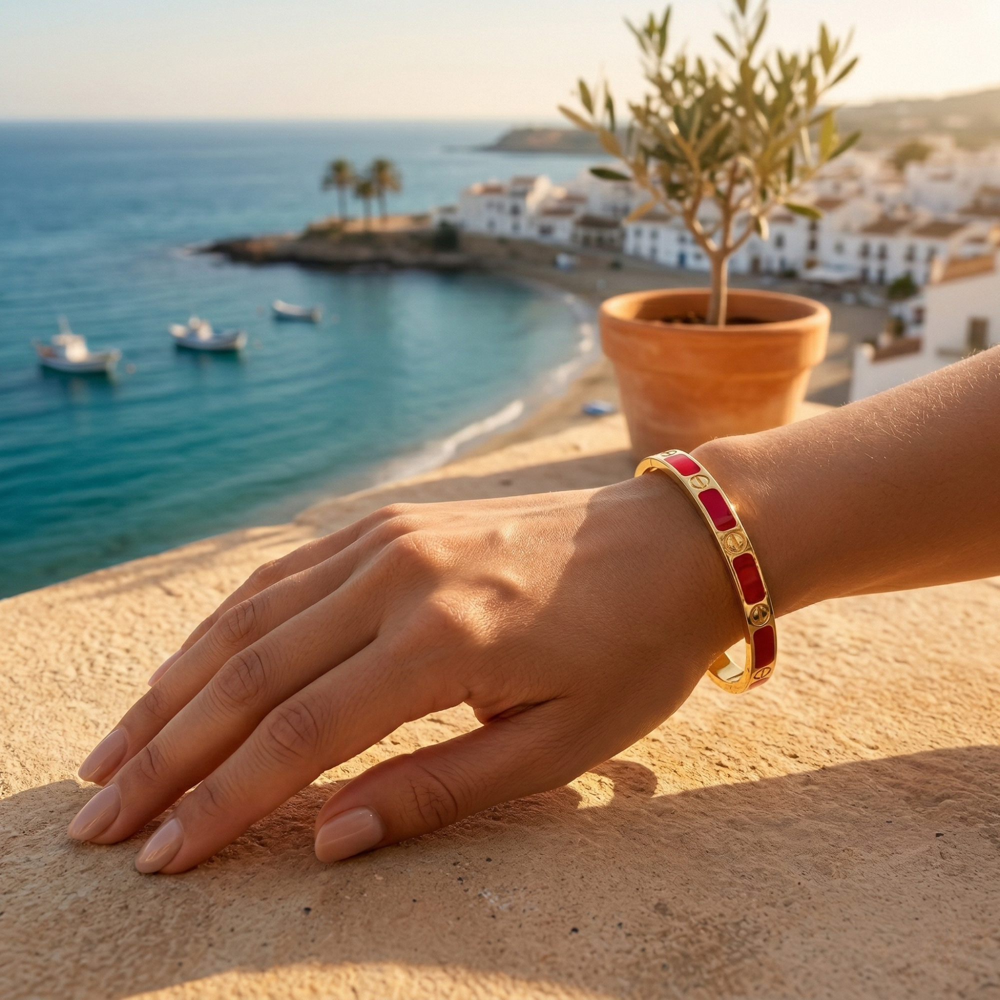 Pulsera Brazalete de Acero Chapado en Oro de 18K 100% con Detalles Esmaltados en Rojo