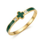 Pulsera Rígida con Diseño de Trébol Esmaltado Verde y Circonitas - 100% Acero Bañado en Oro 18K