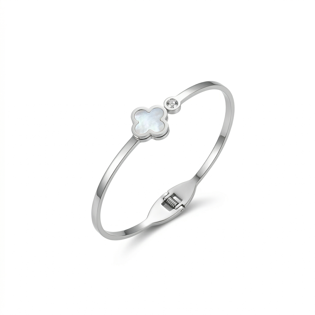 Pulsera Rígida con Trébol de Nácar Blanco y Gema 100% Acero Inoxidable Color Plata