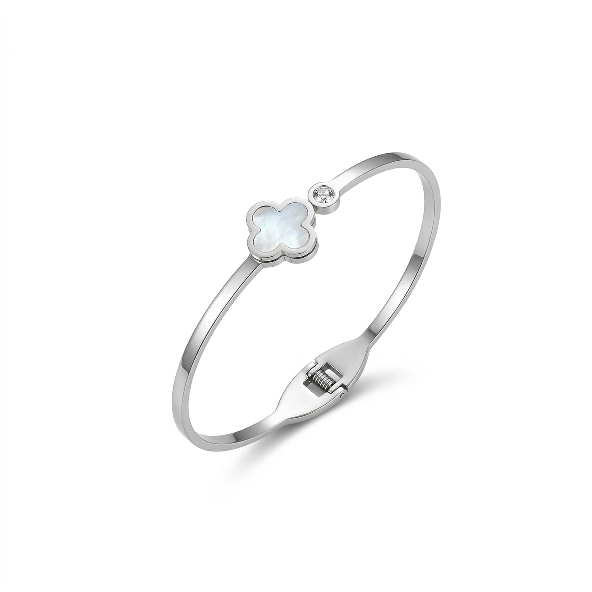 Pulsera Rígida con Trébol de Nácar Blanco y Gema 100% Acero Inoxidable Color Plata