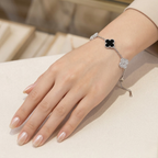 Pulsera de Trébol Plateada con Circonitas y Negro 100% Acero Inoxidable