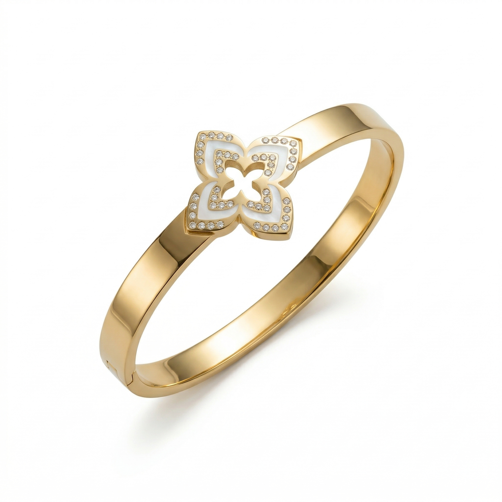 Pulsera Rígida con Flor de Cuatro Pétalos Esmaltada y Circonitas - 100% Acero Bañado en Oro 18K