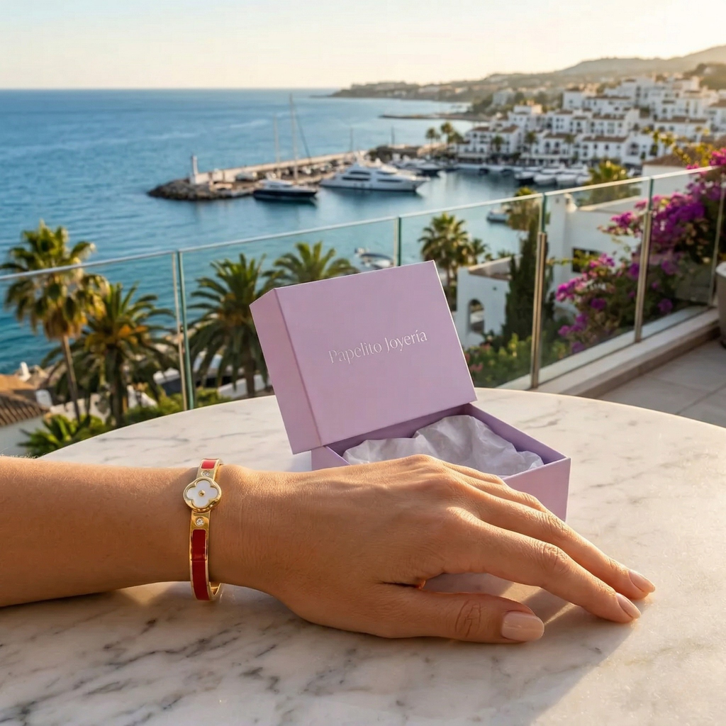 Pulsera Rígida con Trébol de Nácar y Circonitas, Detalles Esmaltados Rojos - 100% Acero Bañado en Oro 18K