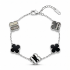 Pulsera de Trébol Diseño Mármol Blanco y Negro 100% Acero Inoxidable Color Plata