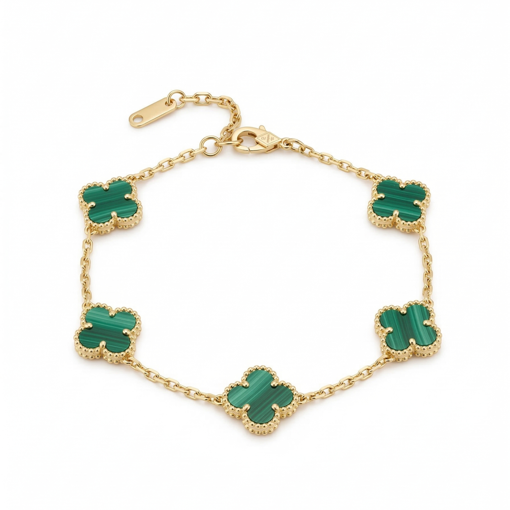 Pulsera de Trébol Verde Malaquita 100% Acero Bañado en Oro 18K