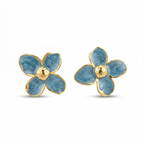 Pendientes de Botón con Flor de Pétalos Azul Petróleo y Centro Dorado - 100% Acero Bañado en Oro 18K
