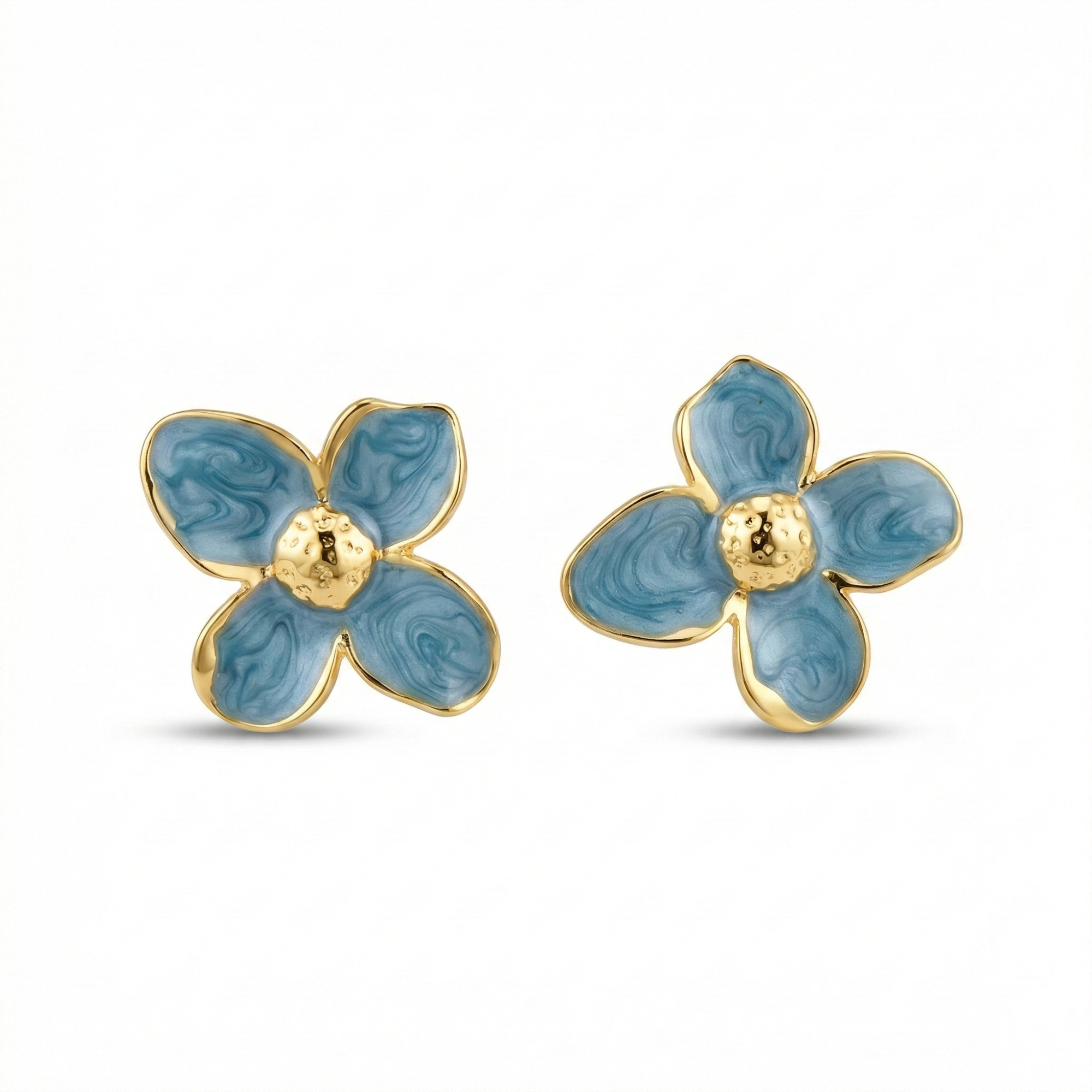 Pendientes de Botón con Flor de Pétalos Azul Petróleo y Centro Dorado - 100% Acero Bañado en Oro 18K