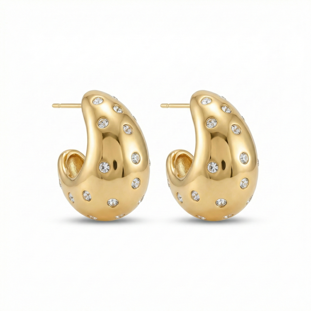 Pendientes de Gota Abultada con Incrustaciones de Circonitas - 100% Acero Bañado en Oro 18K