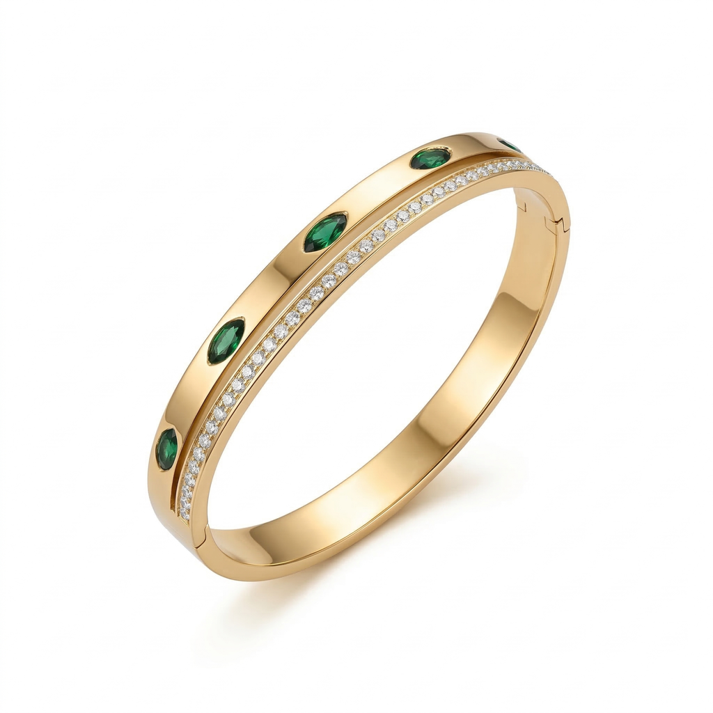 Pulsera Rígida con Cristales Verdes y Circonitas - 100% Acero Bañado en Oro 18K