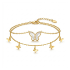 Pulsera Doble Cadena con Mariposas Nácar y Doradas 100% Acero Bañado en Oro 18K