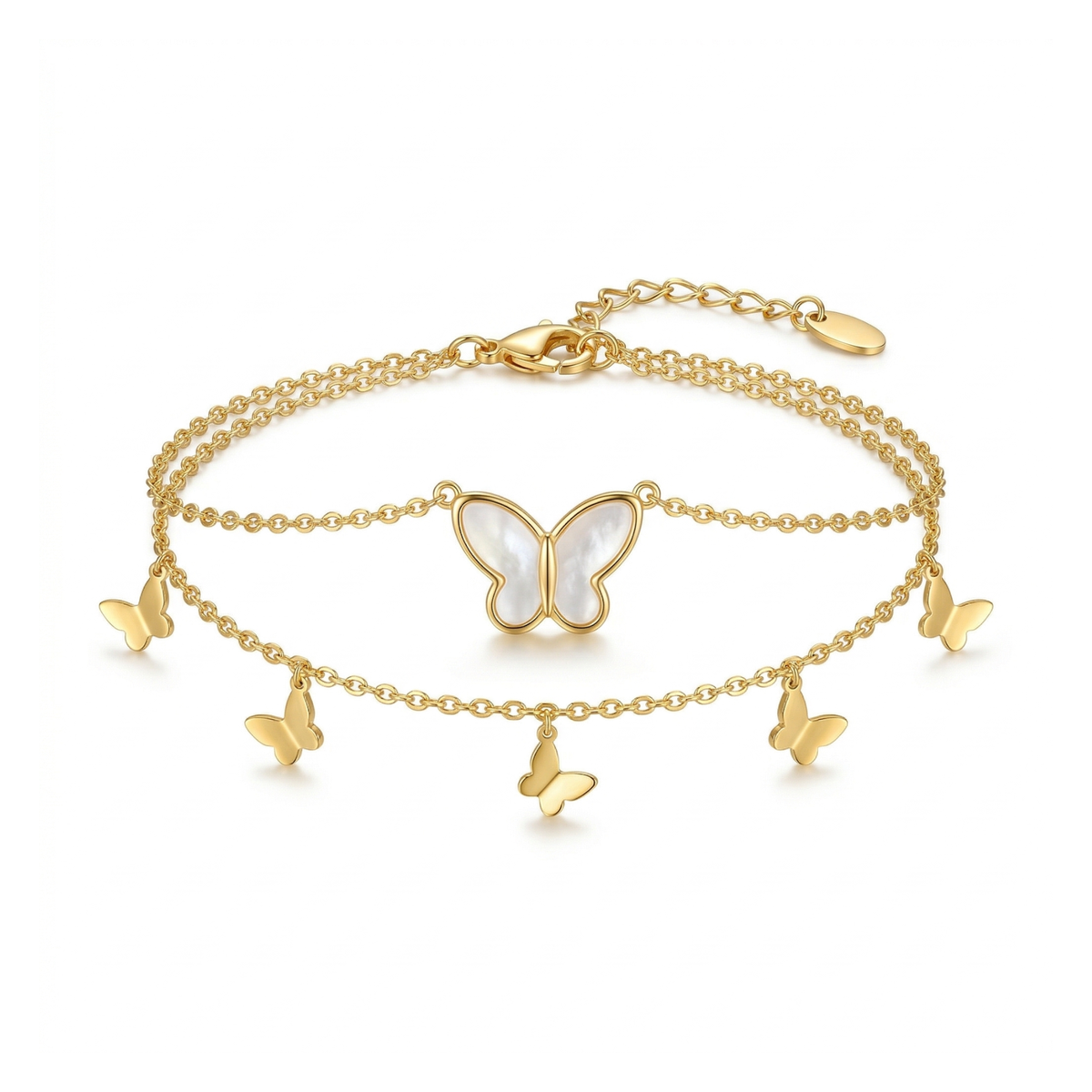 Pulsera Doble Cadena con Mariposas Nácar y Doradas 100% Acero Bañado en Oro 18K
