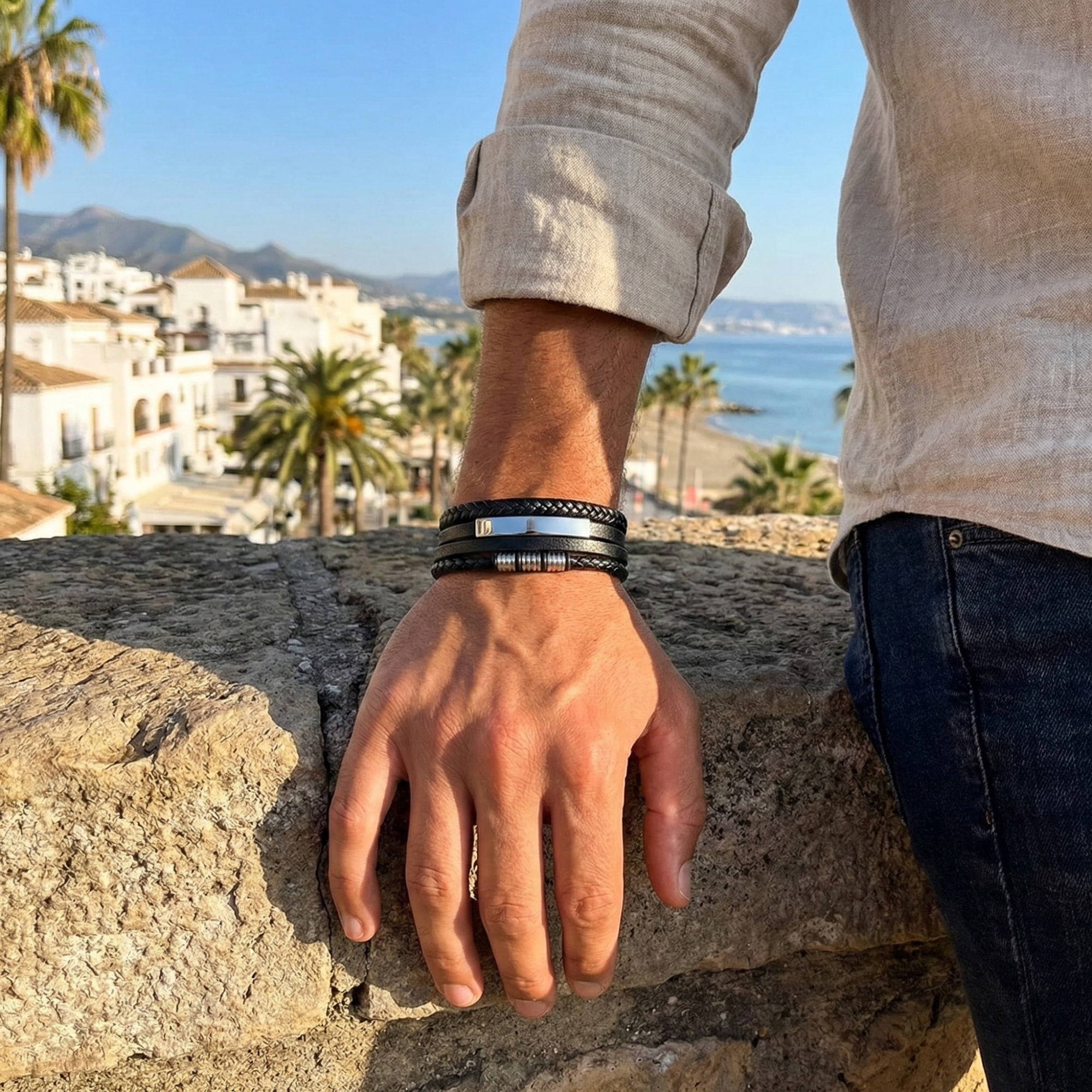 Pulsera Multicapa de Cuero Trenzado y Acero Bañado en Oro Blanco 18K - Hecho en España