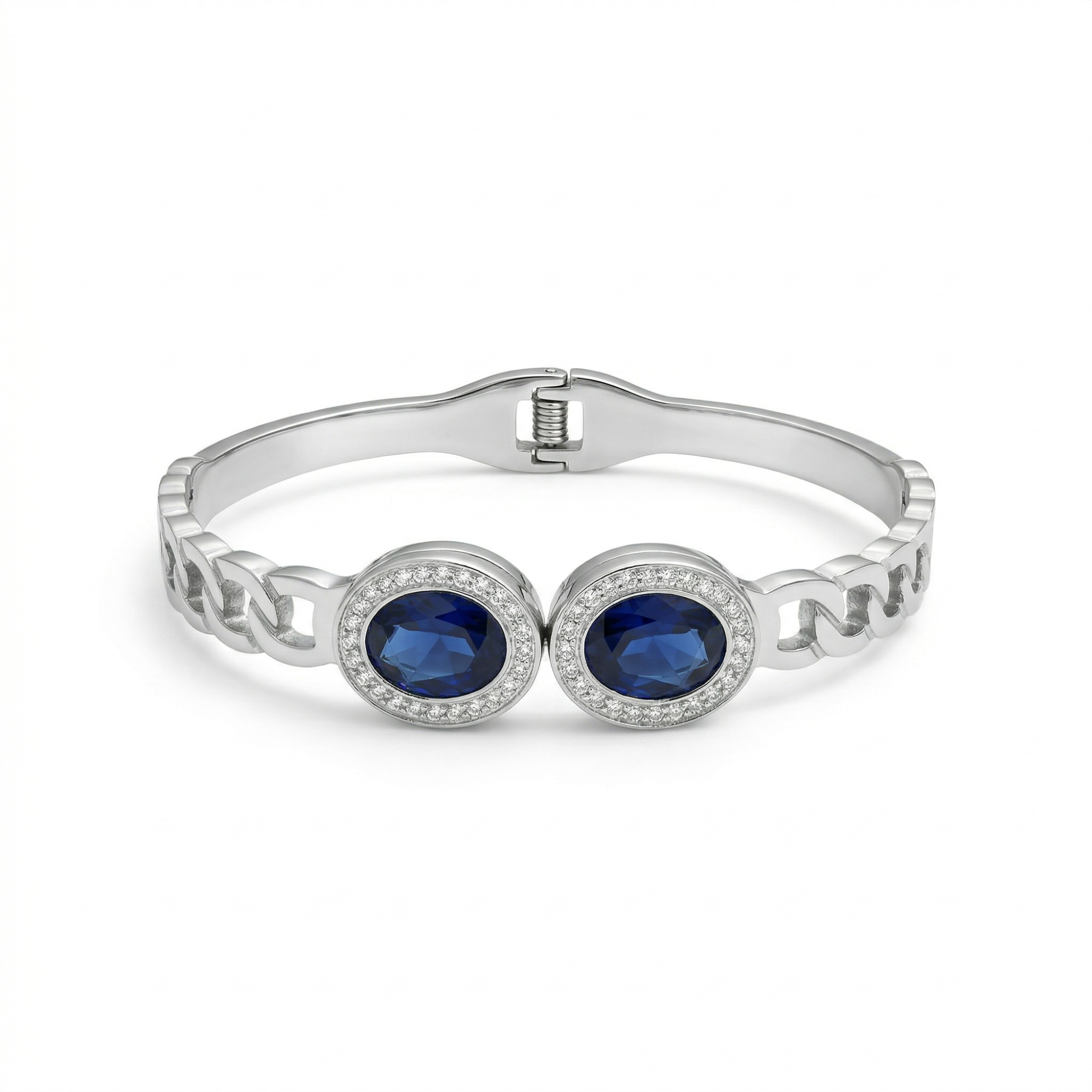 Pulsera Rígida con Dos Cristales Azules Ovalados y Circonitas - 100% Acero Bañado en Rodio