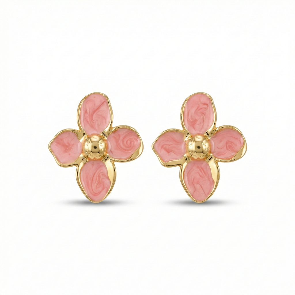 Pendientes de Botón con Flor de Pétalos Rosas y Centro Dorado - 100% Acero Bañado en Oro 18K