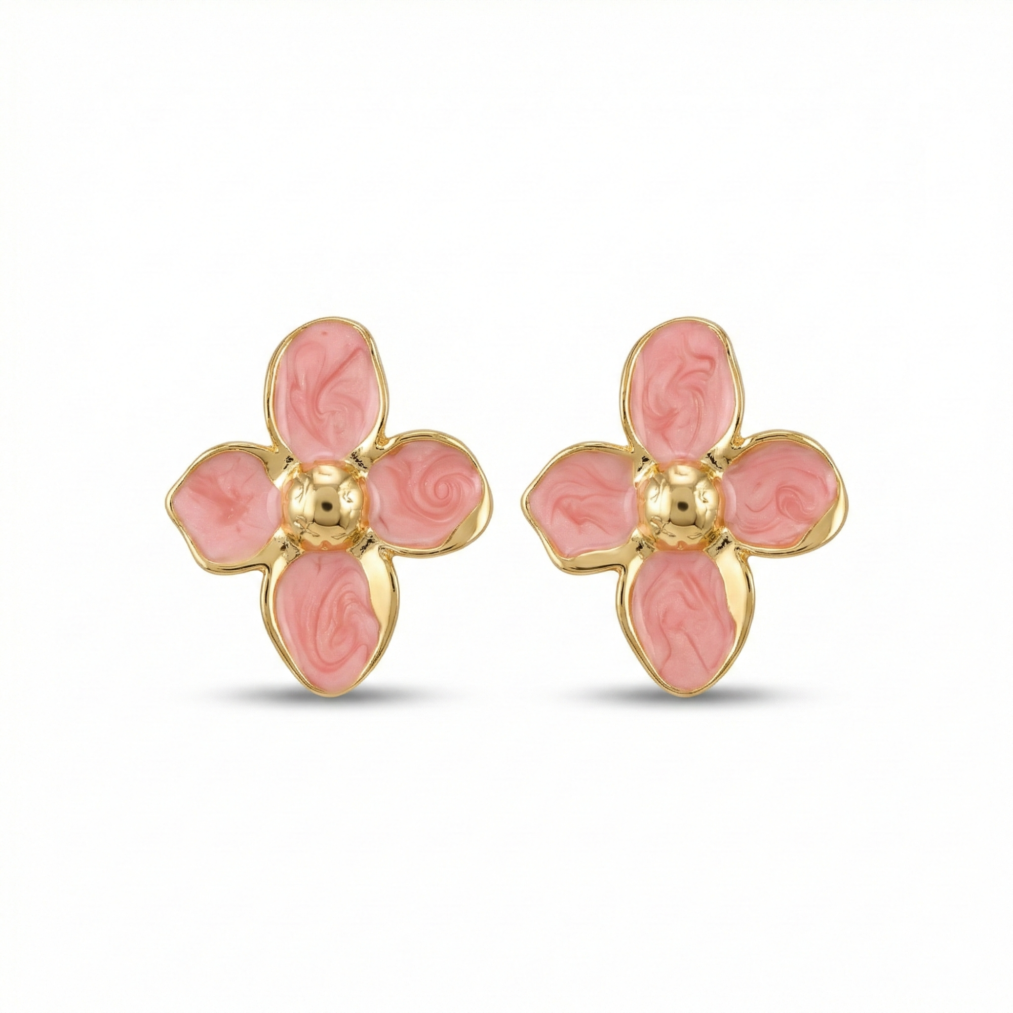 Pendientes de Botón con Flor de Pétalos Rosas y Centro Dorado - 100% Acero Bañado en Oro 18K
