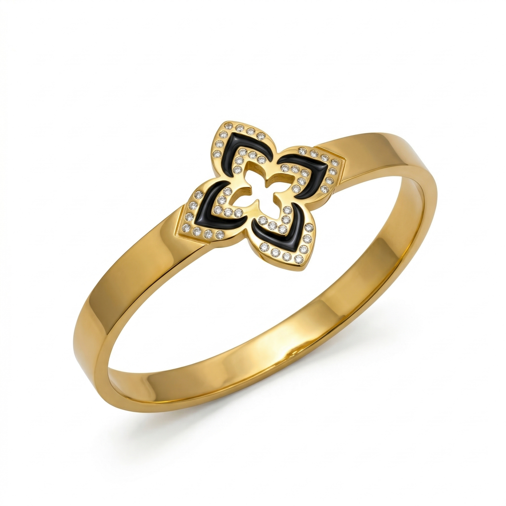 Pulsera Rígida con Flor de Cuatro Pétalos Esmaltada y Circonitas - 100% Acero Bañado en Oro 18K
