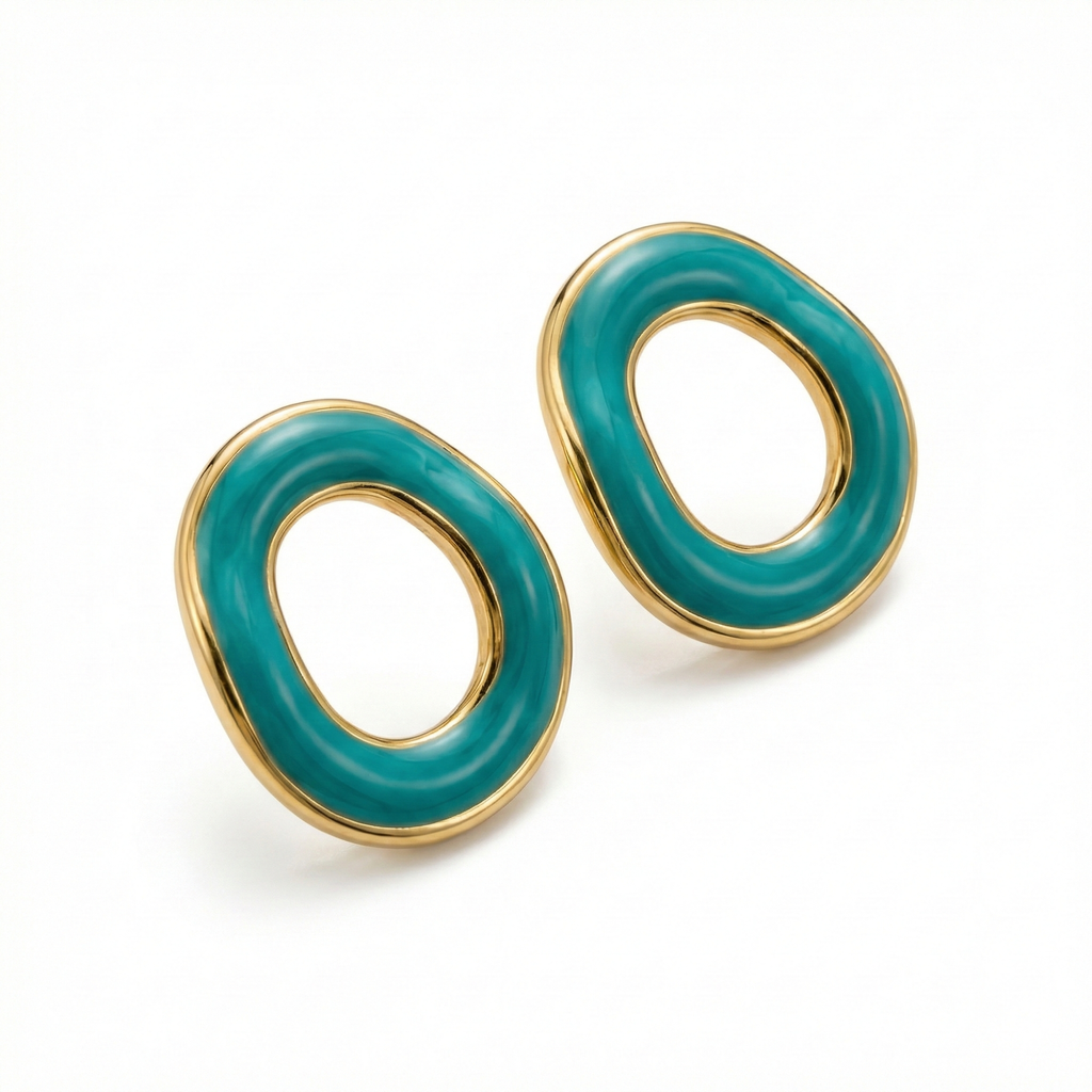 Pendientes de Aro Ovalado con Esmalte Turquesa - 100% Acero Bañado en Oro 18K