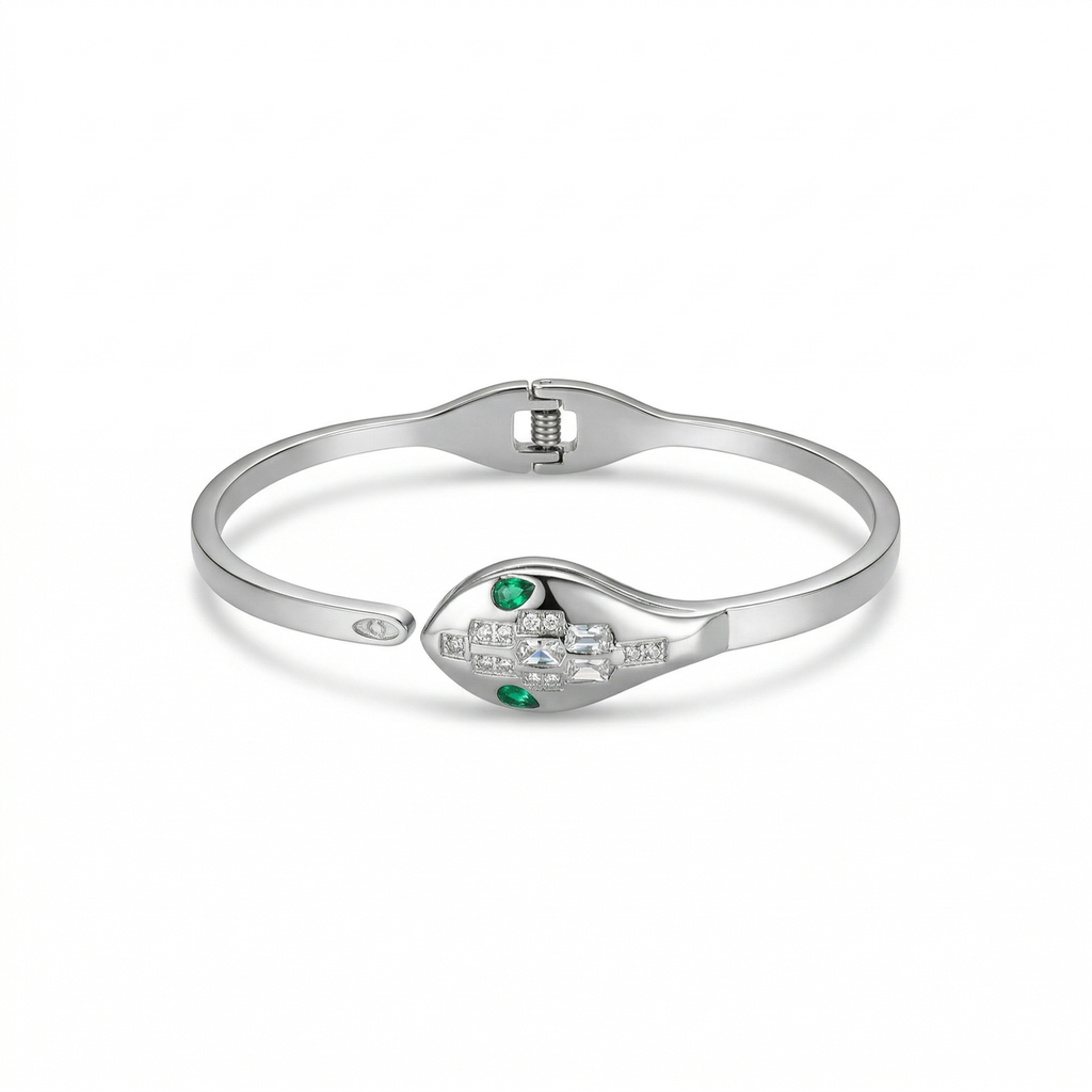 Pulsera Rígida Diseño Serpiente con Esmaltes y Circonitas - 100% Acero Bañado en Rodio