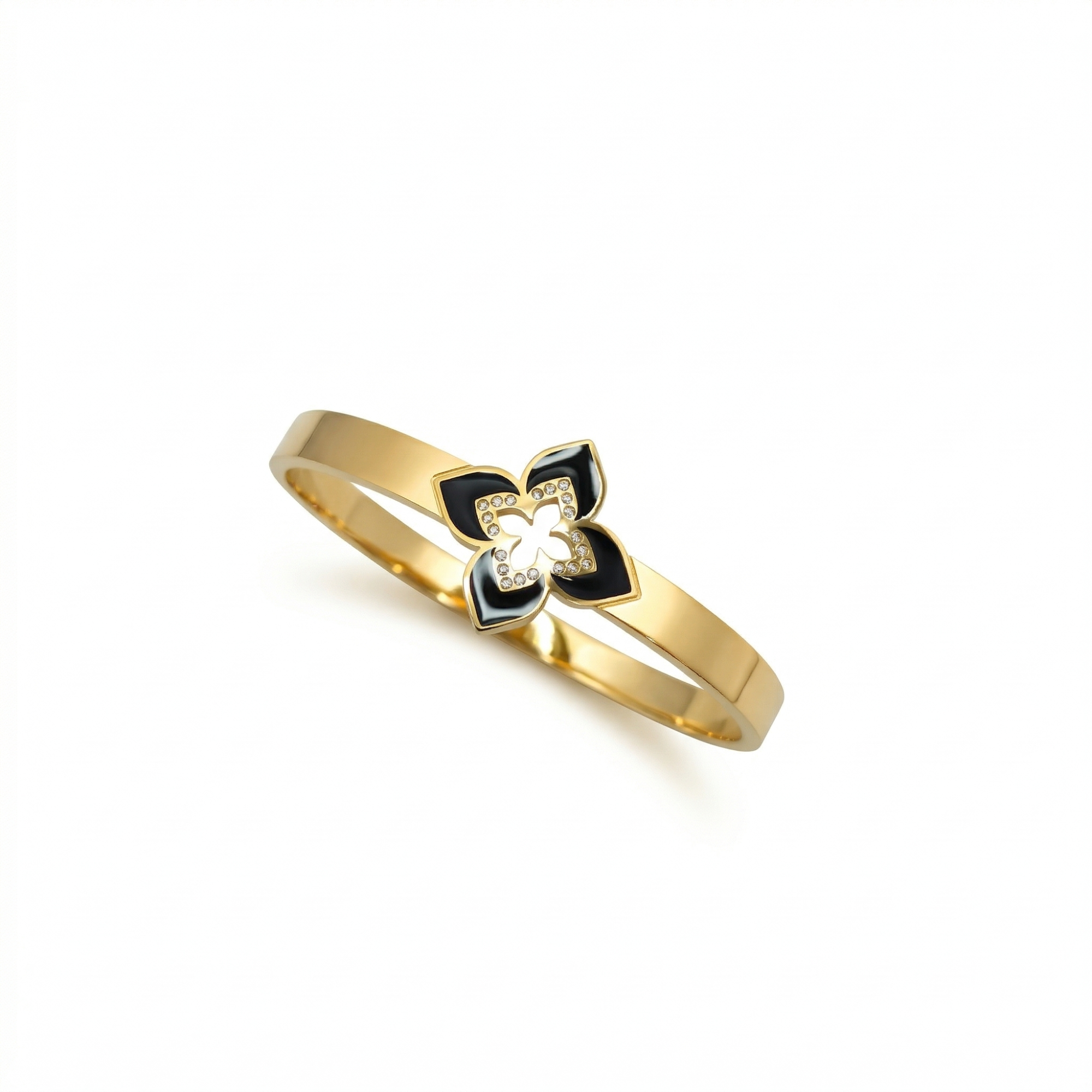 Pulsera Rígida con Flor de Cuatro Pétalos Esmaltada y Circonitas - 100% Acero Bañado en Oro 18K