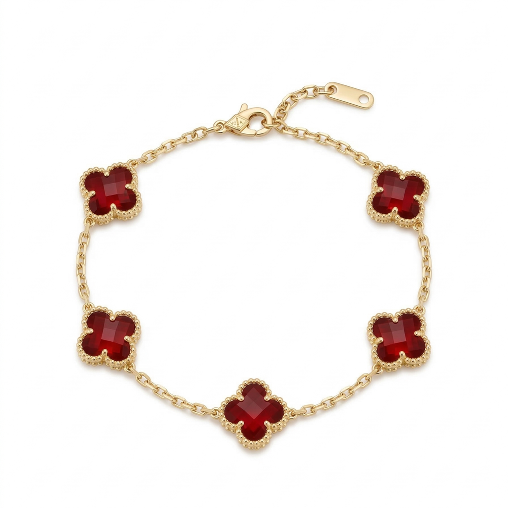 Pulsera de Trébol Rojo 100% Acero Bañado en Oro 18K