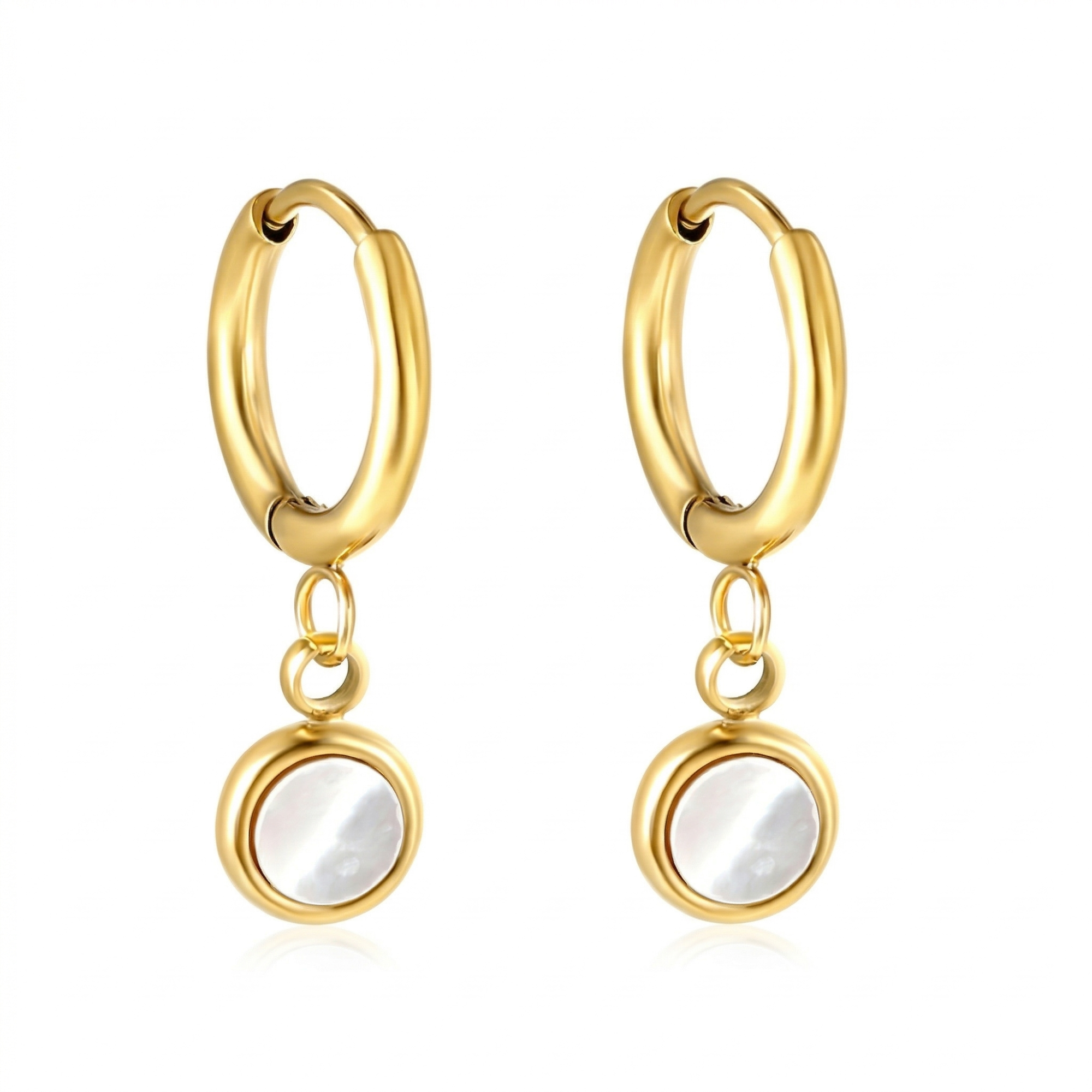Pendientes de Aro Dorados con Colgante Redondo de Nácar - Acero Inoxidable Bañado en Oro 18K