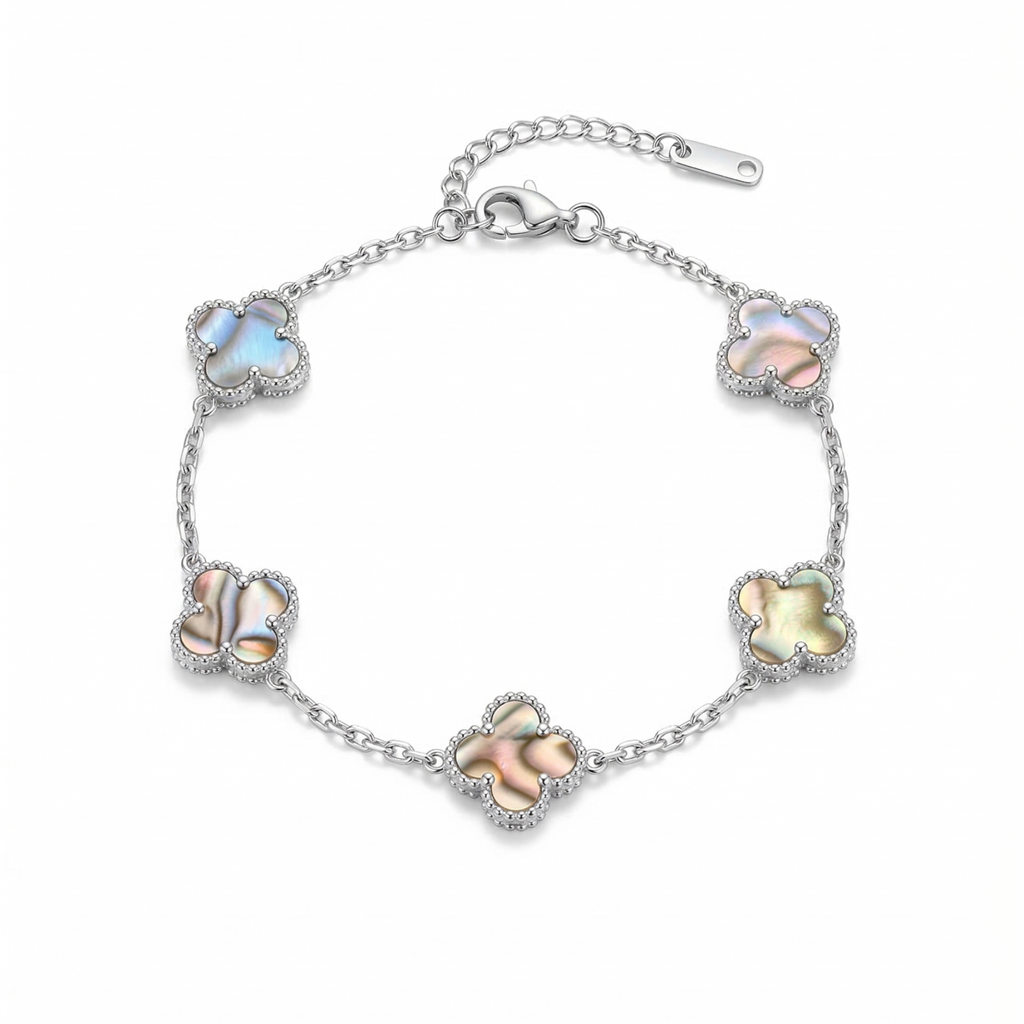 Pulsera de Trébol Nácar Iridiscente 100% Acero Inoxidable Color Plata