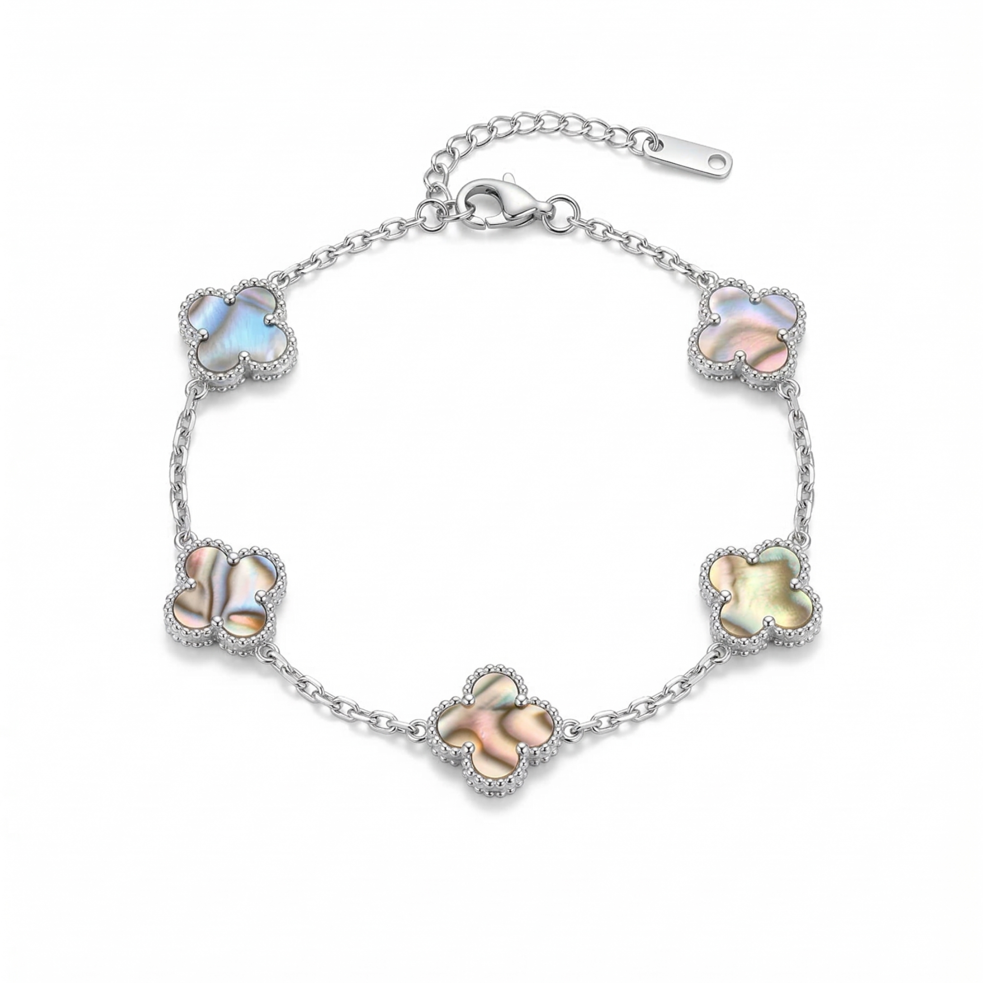 Pulsera de Trébol Nácar Iridiscente 100% Acero Inoxidable Color Plata