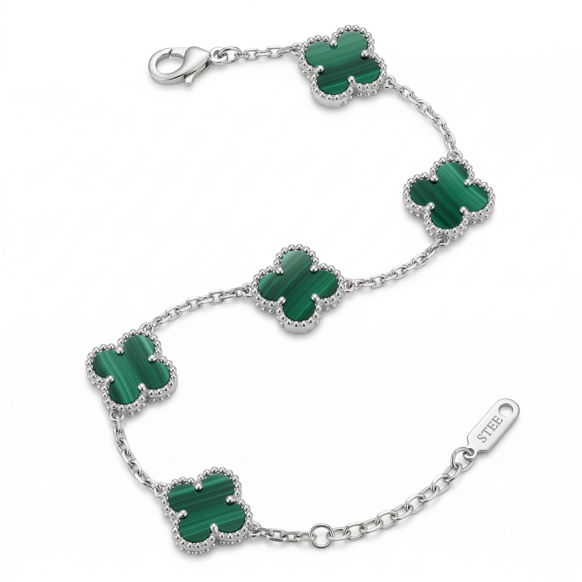 Pulsera de Trébol Verde Malaquita 100% Acero Inoxidable Color Plata