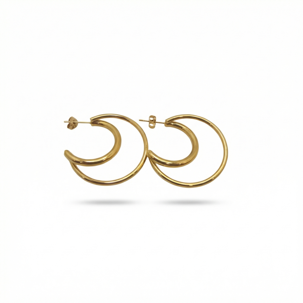 Pendientes de Doble Aro Media Luna 100% Acero Bañado en Oro 18K