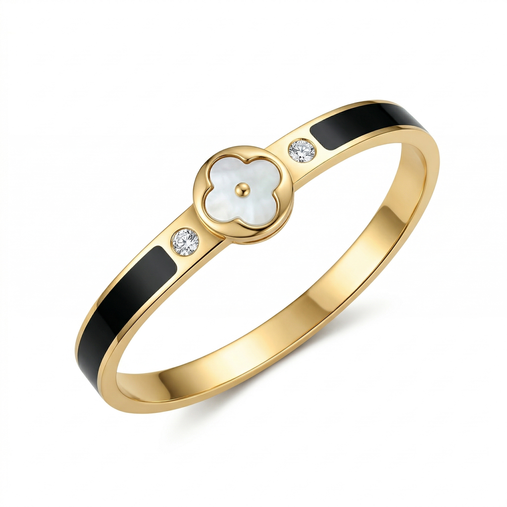 Pulsera Rígida con Diseño de Trébol de Nácar y Circonitas, Detalles Esmaltados Negros - 100% Acero Bañado en Oro 18K