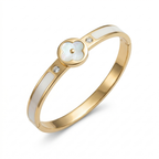 Pulsera Rígida con Trébol de Nácar y Circonitas, Detalles Esmaltados Blancos - 100% Acero Bañado en Oro 18K
