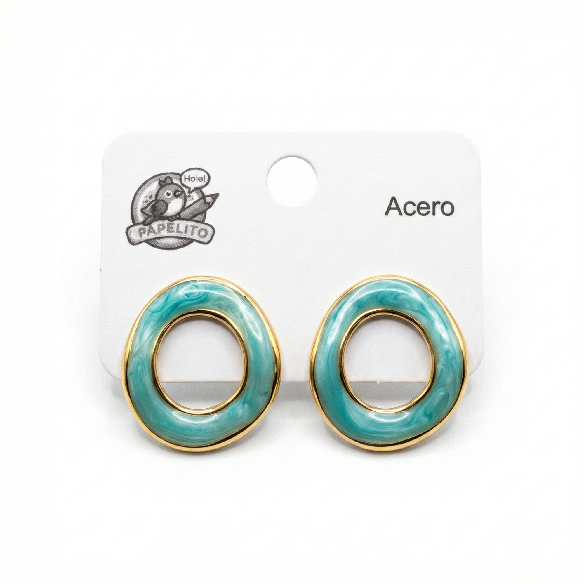 Pendientes de Aro Ovalado con Esmalte Turquesa - 100% Acero Bañado en Oro 18K
