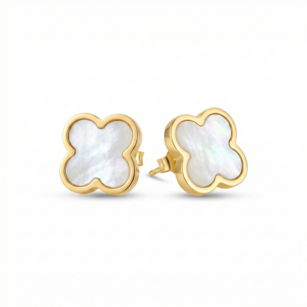 Pendientes de Botón Trébol Blanco Nácar 100% Acero Bañado en Oro 18K