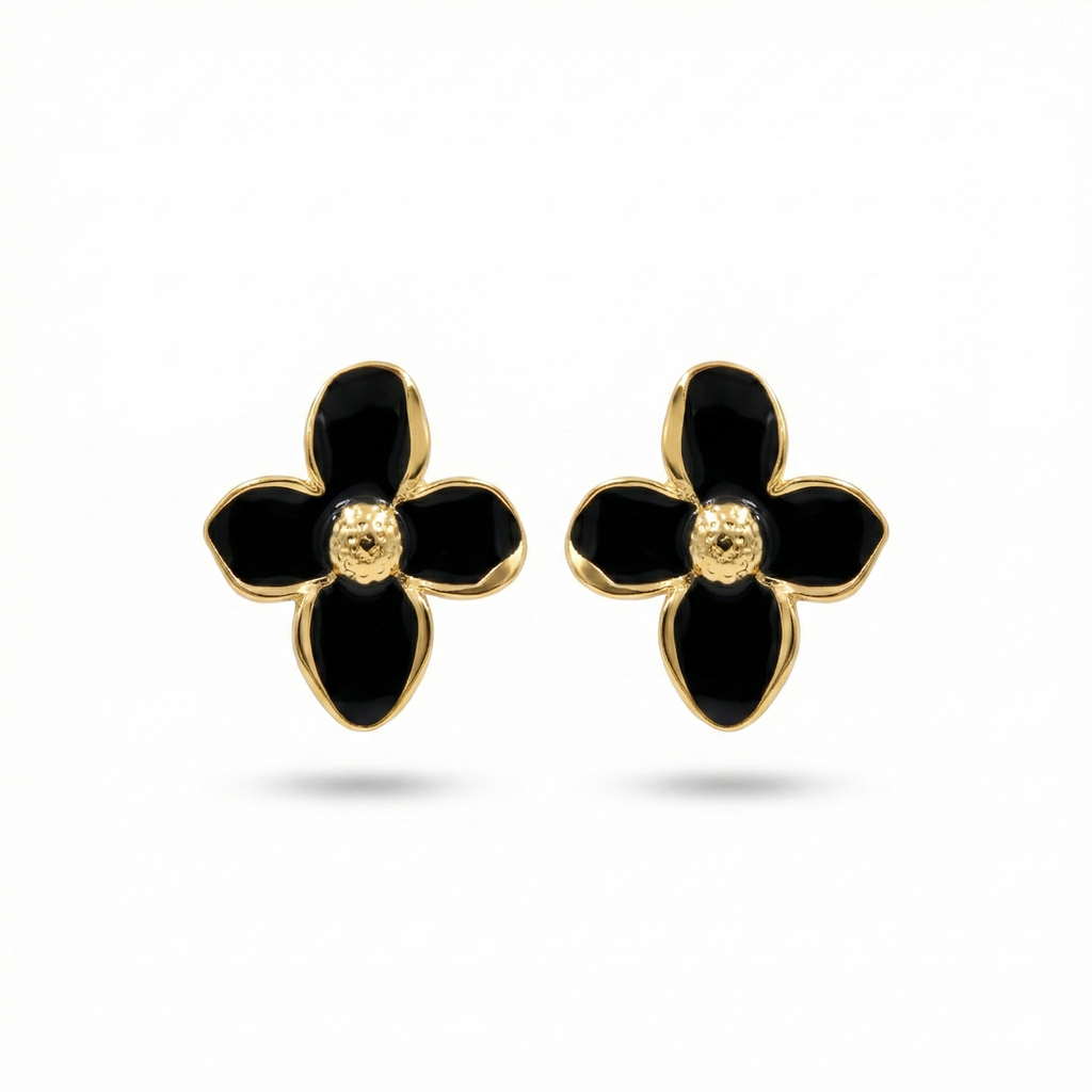 Pendientes de Botón con Flor de Pétalos Negros y Centro Dorado - 100% Acero Bañado en Oro 18K