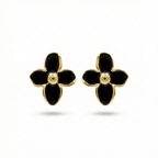 Pendientes de Botón con Flor de Pétalos Negros y Centro Dorado - 100% Acero Bañado en Oro 18K
